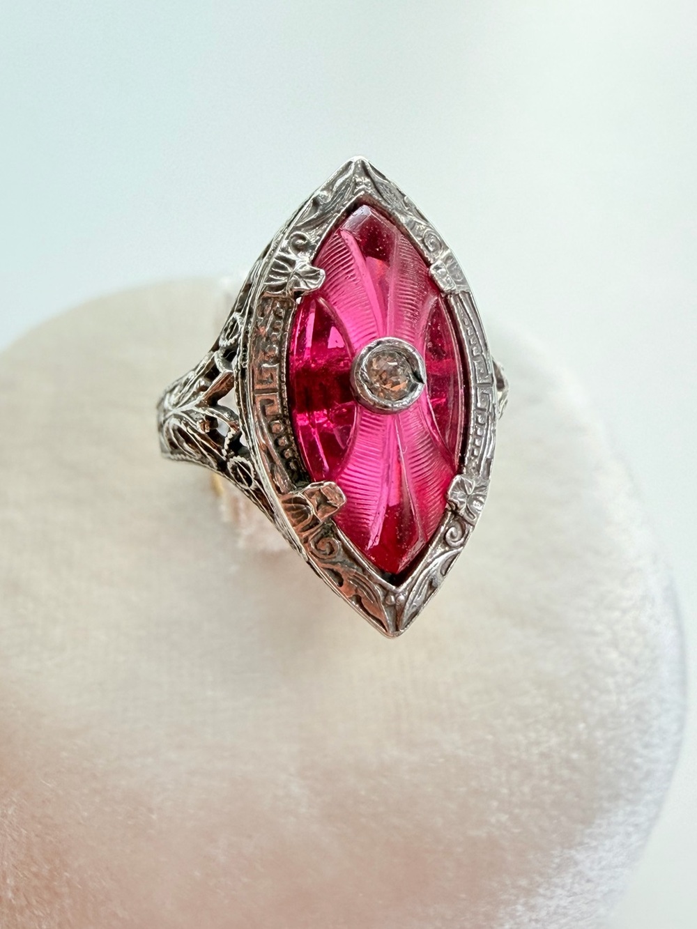 Antique Edwardian Pink-Red Sunburst Glass Filigree Marquise Ring